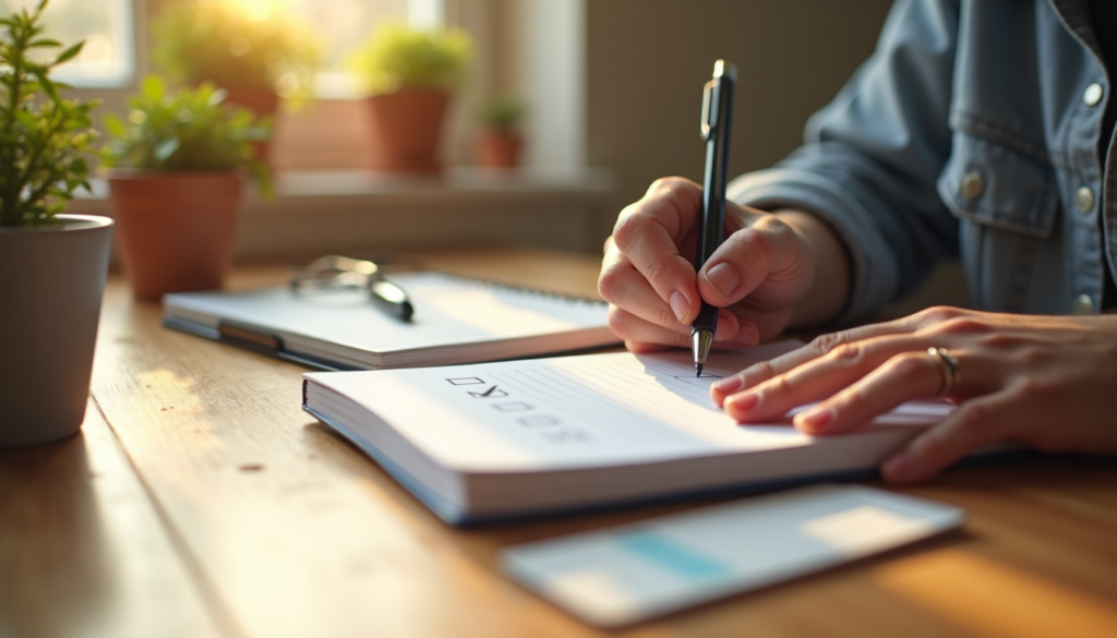 Hands writing in journal with checklist representing goal-setting and breaking tasks into manageable steps