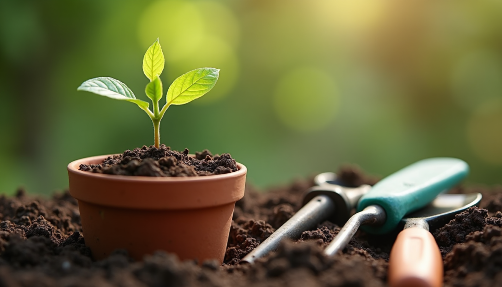 Small seedling sprouting in pot representing patience and gradual personal growth over time