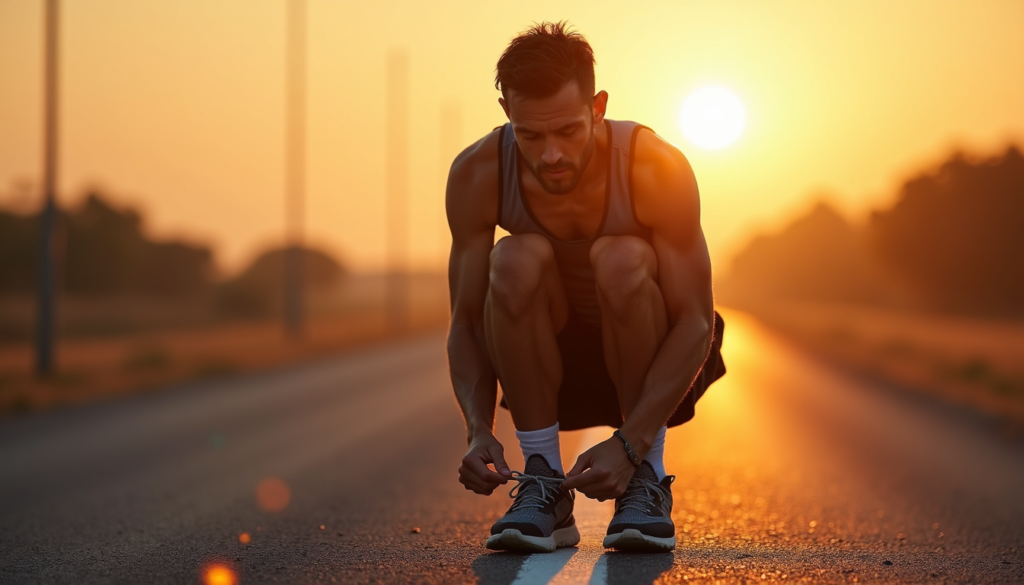 Runner preparing at sunrise on open road representing perseverance and choosing to keep going despite challenges