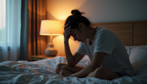 Person sitting tired on bed at sunrise showing signs of body fatigue