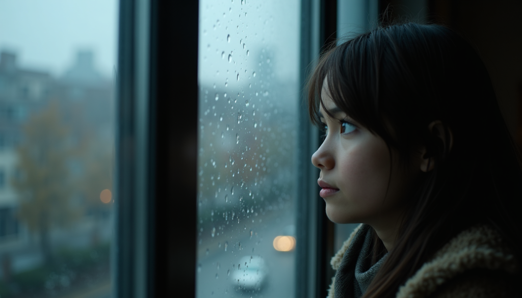 Person looking out window showing emotional fatigue and mental decline