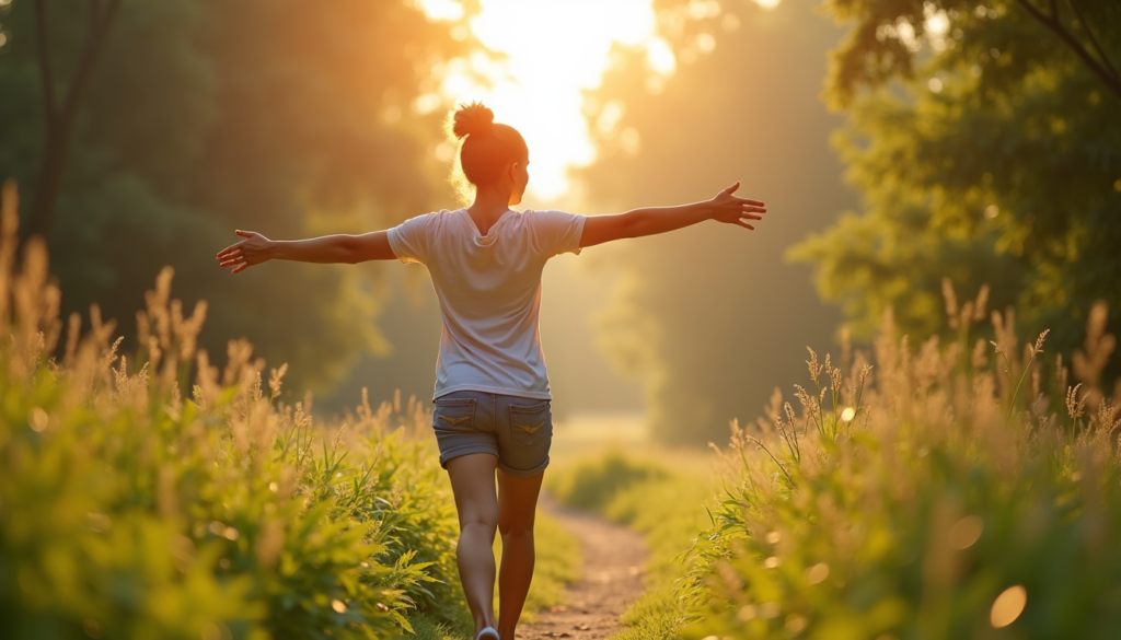 Person taking a mindful morning walk for self-care