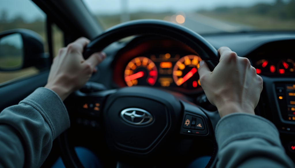 Driver's hands tightly gripping steering wheel showing aggressive driving behavior