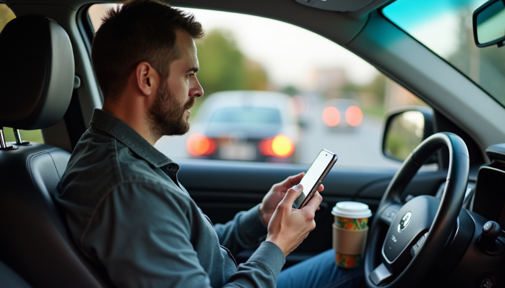 Distracted driver looking at phone instead of road showing disconnection from present moment