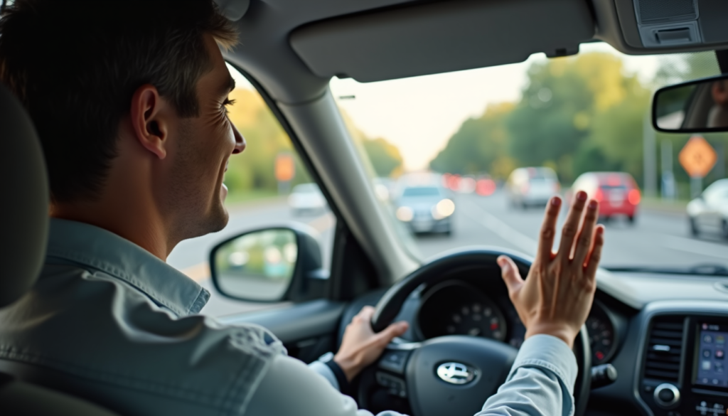Polite driver waving to let another vehicle merge showing harmony and respect
