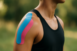 Athlete with kinesiology tape applied to shoulder for support
